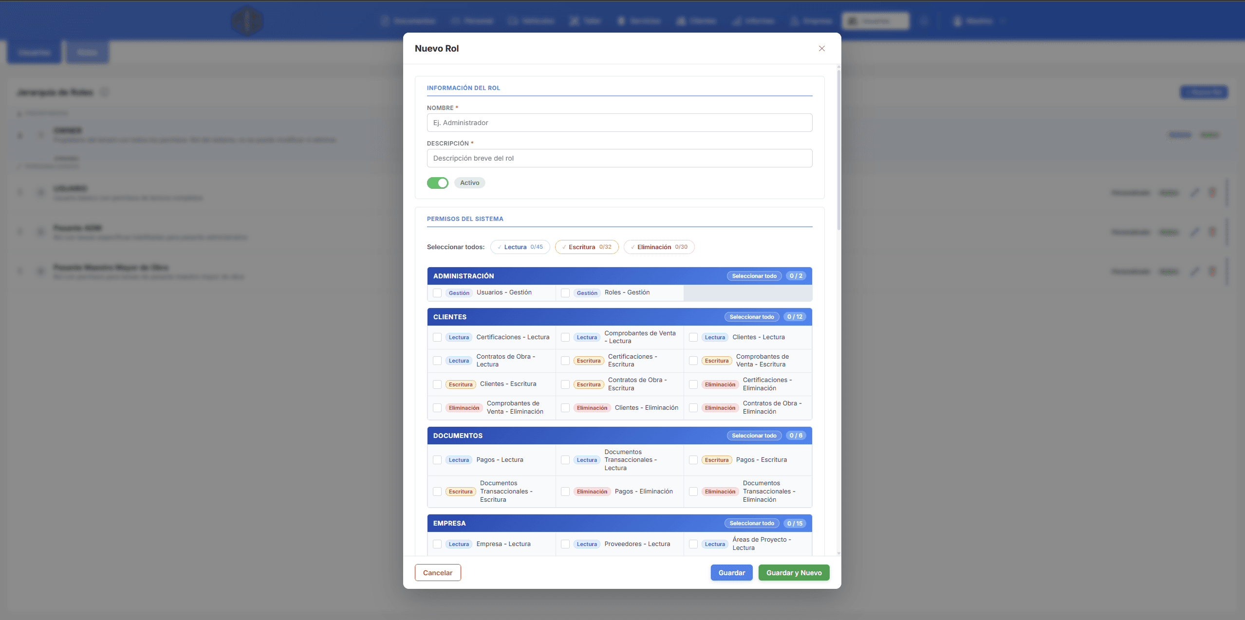 Configuración de roles y permisos por módulo en Civil Control